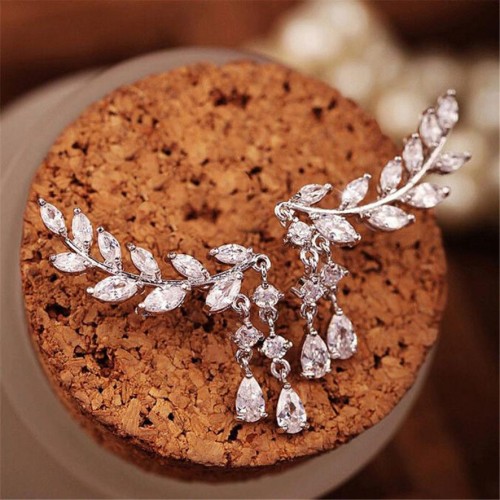 #1270 Women Silver Crystal Zircon Leaves Tassel Ear Stud Earrings Jewelry