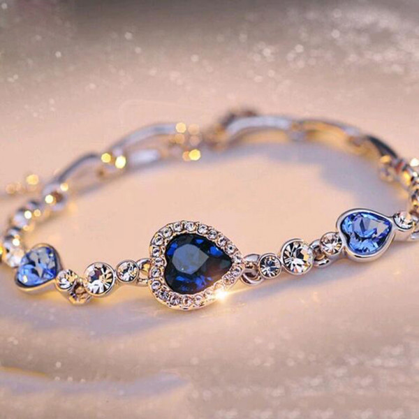 #3091 Womens Ladies Crystal Rhinestone Bangle Ocean Blue Bracelet Chain Heart #3091 Womens Ladies Crystal Rhinestone Bangle Ocean Blue Bracelet Chain Heart