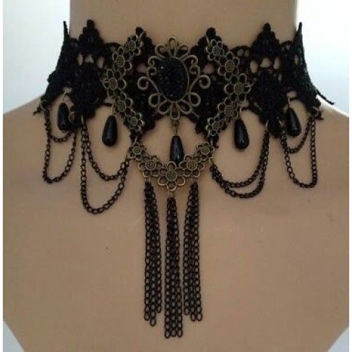 #8037 Gothic Victorian Crystal Tassel Tattoo Choker Necklace Black Lace Choker