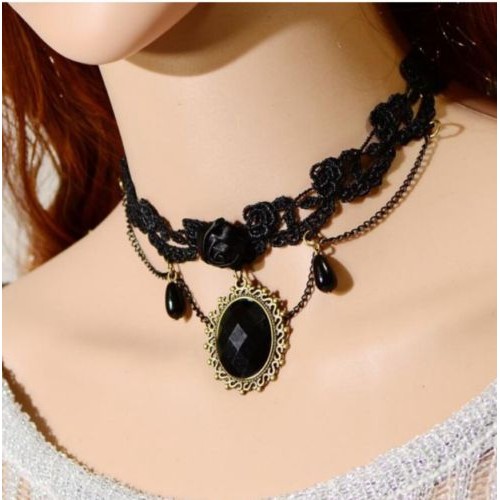 #8043 Woman Black Rose Lace Collar Choker Pendant Necklace