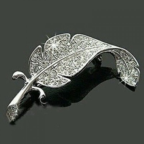 #6002 HOT Women's Fashion Leaf Silver Tone Rhinestone Crystal Wedding Brooch Pin