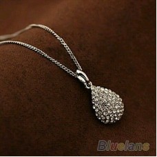 #7009 Women Silver Girl Shiny Rhinestone Teardrop Pendant Bridal Necklace