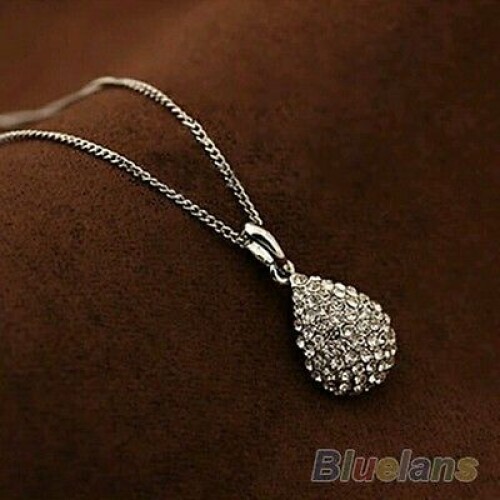 #7009 Women Silver Girl Shiny Rhinestone Teardrop Pendant Bridal Necklace