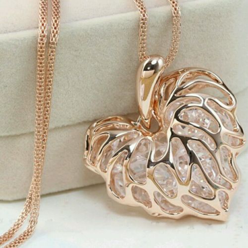 #7010 Newly Hollow Gold Heart Crystal Rhinestone Pendant Long Chain Necklace