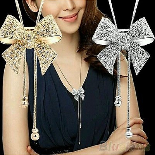 #7031 Elegant Sweet Crystal Rhinestone Bow Bowtie Silver Plated Pendant Necklace