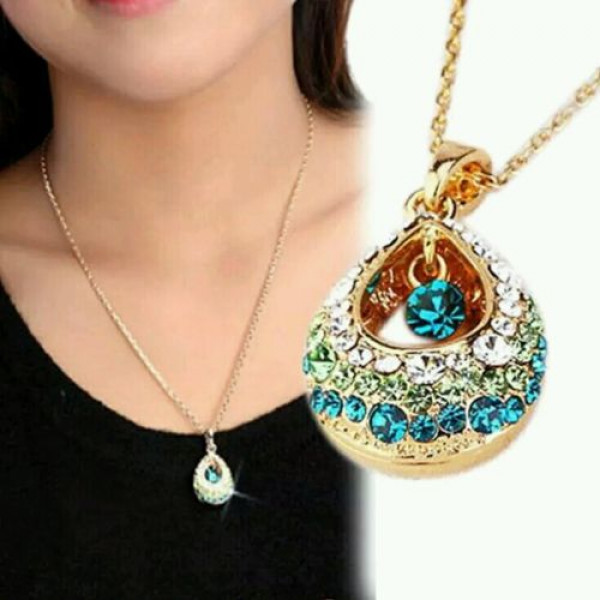 #7045 Charm Multi-Colored Crystal Rhinestone Teardrop Shape Pendant Necklace
