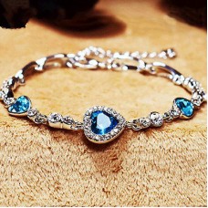 #3091 Womens Ladies Crystal Rhinestone Bangle Ocean Blue Bracelet Chain Heart