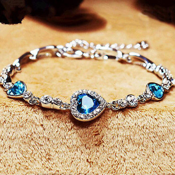#3091 Womens Ladies Crystal Rhinestone Bangle Ocean Blue Bracelet Chain Heart #3091 Womens Ladies Crystal Rhinestone Bangle Ocean Blue Bracelet Chain Heart