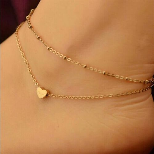 #2014 Gold Elegant Double Chain Heart Bead Anklet Ankle Bracelet Beach Foot