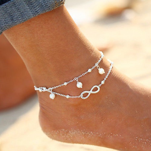#2024  Summer Style Beach Silver Colour Two layers Charm Chains Simulate Anklet