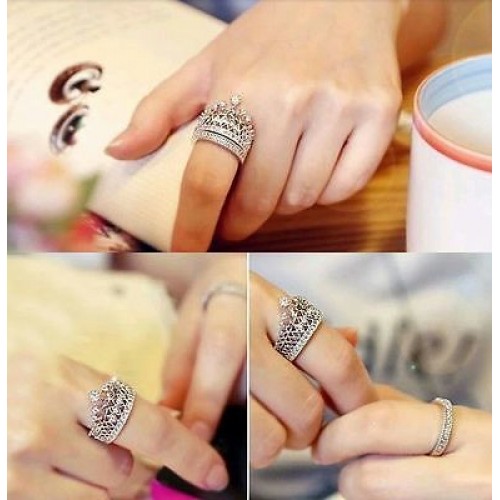 9009 Women's Fashion Queen Crown Pattern Ring Set Rhinestone Two piece Rings