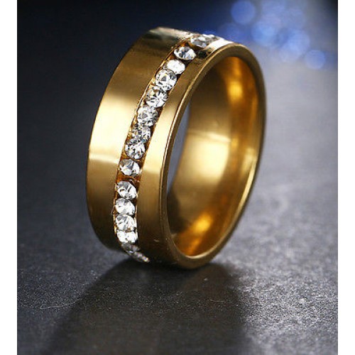 9224 Stainless Steel Gold Rings For Women Slash A Line Of CZ