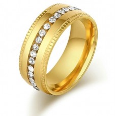 9264 Stainless Steel Ring Women  Gold Plated Embosed Double Side With CZ Diamon