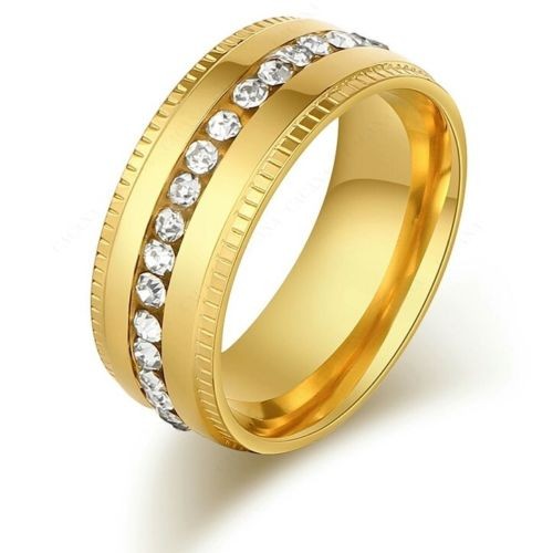 9264 Stainless Steel Ring Women  Gold Plated Embosed Double Side With CZ Diamon