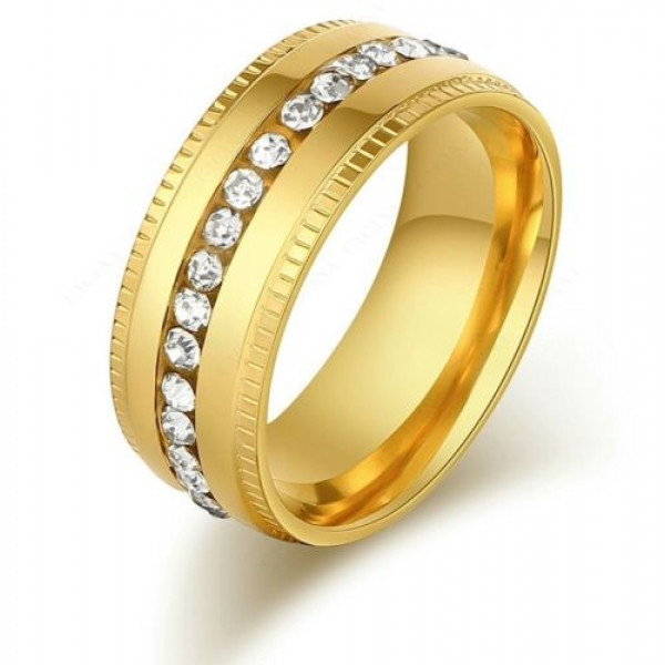9264 Stainless Steel Ring Women Gold Plated Embosed Double Side With CZ Diamon 9264 Stainless Steel Ring Women Gold Plated Embosed Double Side With CZ Diamon