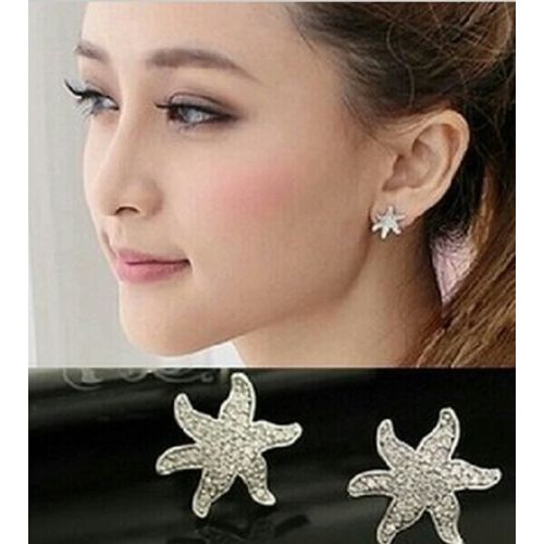 #1222 Silver Color Rhinestone Crystal Lovely Cute Starfish Star Stud Earring