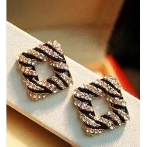 #1230  Personality Temperament Gem Square Stud Earrings Black Zebra Earrings