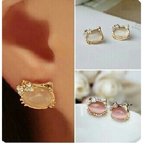 #1249  Crystal Bow knot Opal Cute Cat Stud Earrings female Cat