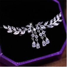 #1270 Women Silver Crystal Zircon Leaves Tassel Ear Stud Earrings Jewelry