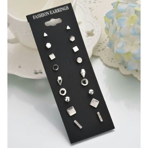#1275 9 Pair Fashion Punk Accessories Silver Crystal Stud Earrings Set