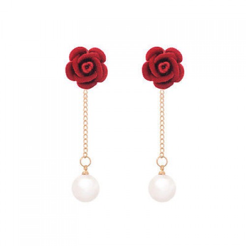 #1277 Rose Flower Simulated Pearl Pendant Luxurry Drop Long Dangle Earring