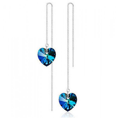 #1280 Heart Love Long Earrings For Women jewellery Blue Crystal Silver Color