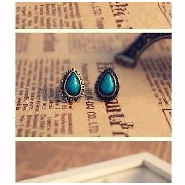 #1287 Women's Fashion Retro Cute Water Drop Blue Stud Earrings
