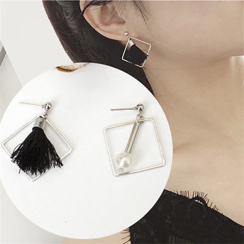 #1303 asymmetry tassel pearl square simple minimalist earrings