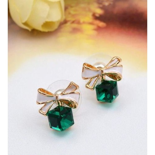 #1305 Shimmer Plated Gold Green Bow Cubic Crystal Rhinestone Stud Earrings