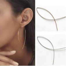 #1334 1 Pair GOLD WOMEN Long Wire Fish Stud Earrings Curved Line Alloy Brinco