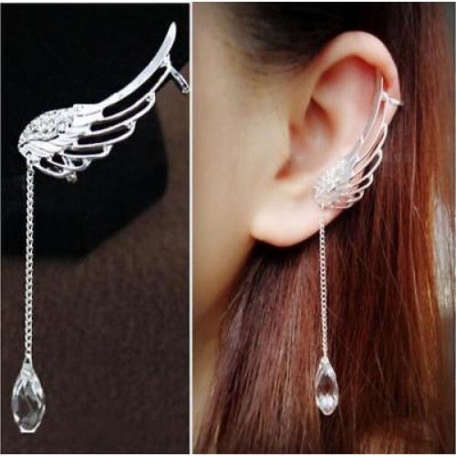 #1350 1 PC Left-E Crystal Rhinestone Wing Ear cuff Earrings Long Silver Angel