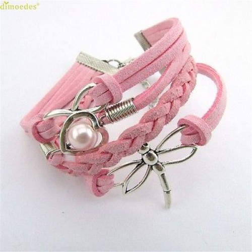 #3064 Heart Infinity Dragonfly Pearl Leather Charm Bracelet Plated Silver DIY