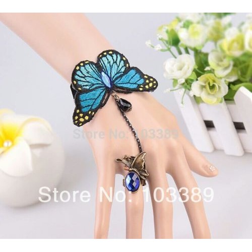 #3072 Blue Fushia butterfly ring bracelet Set gothic vintage velvet wristband