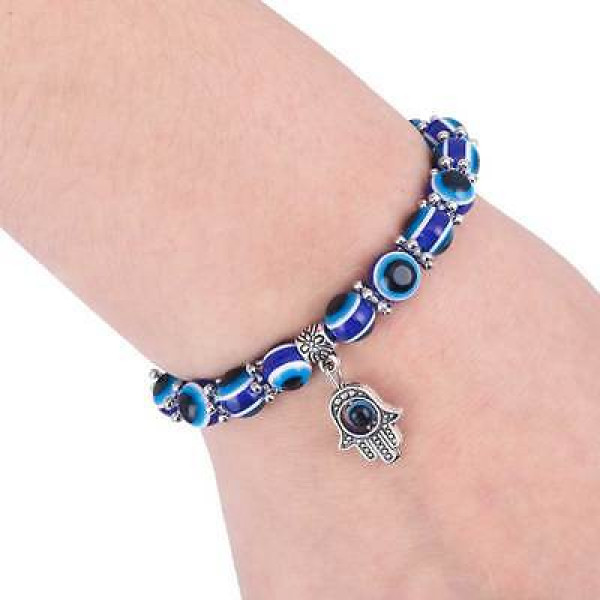 #3094  Vintage Handmade Hamsa Fatima Bangle Evil Eye Beads Elastic Bracelet