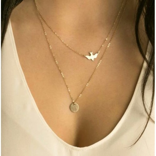 #7050 New Fashion Double Layer Gold Delicate Gold Bird Necklace / Dove Necklace