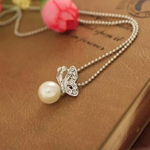 #7051 Female Women's Fashion Rhinestone Butterfly Pearl Necklace Chain Pendants