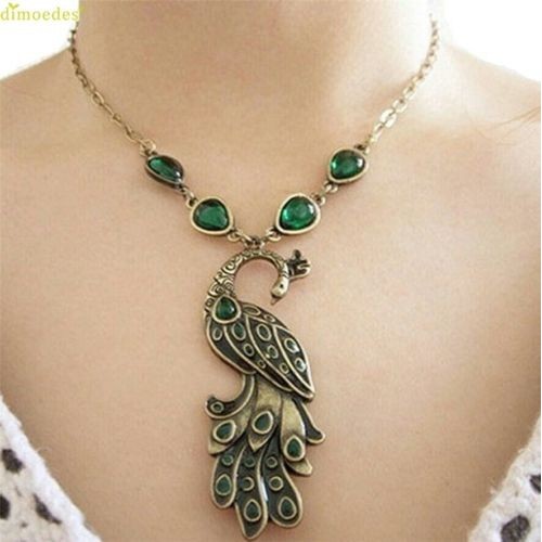 #7060 Vintage Style Fashion Pendant Chain Green Enamel Peacock Necklace