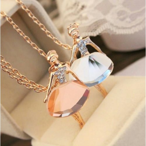 #7069 Gold Chain Shiny Crystal Ballerina Girl Pendant Necklace