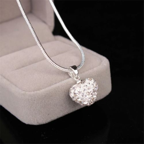#7072 Silver Plated Crystal Heart Shamballa Necklace Pendant Snake Chain Necklac