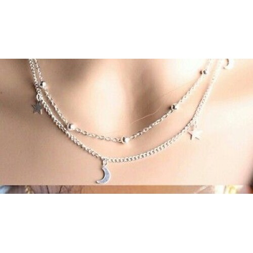 #7074 Women's Vintage Multilayer Crescent Star Bead Polished Short Necklace