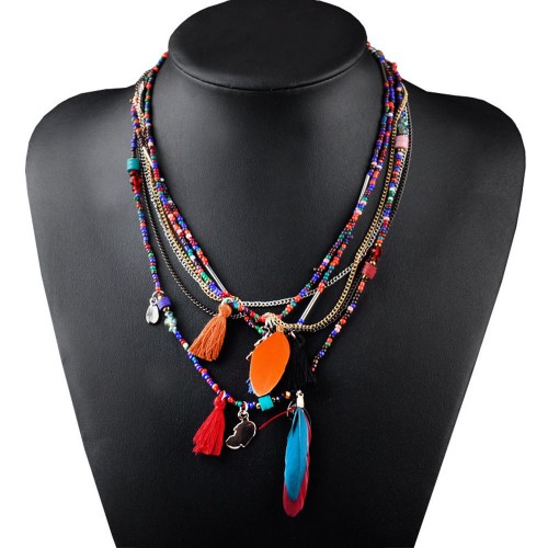#7087 Multi Colour Feather Necklaces & Pendants Beads Chain Statement Necklace