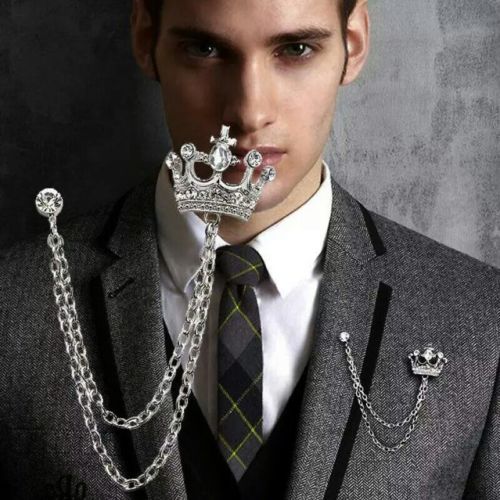 #6014 Crown Brooch British Wind Suit Chains Pin Badge Retro Rhinestones Brooch