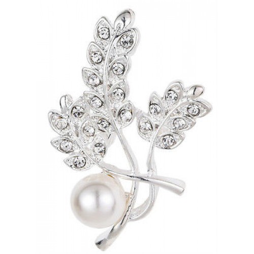 #6025 Silver Colour Leaves Shape Brooches Design for Women / Men Big Pearls