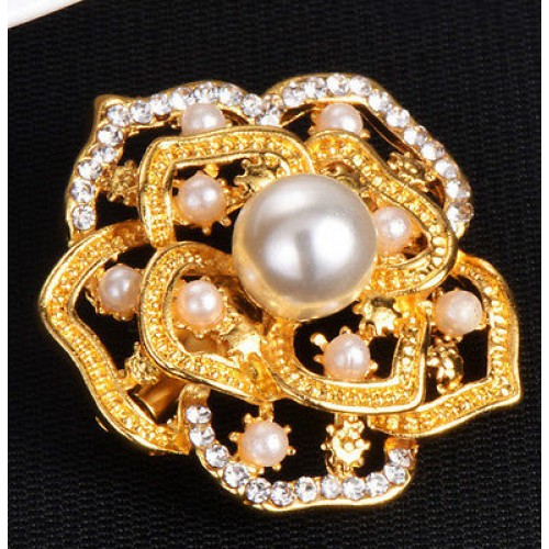 #6027 Gold Colour Rhinestone Flower Shape Brooches Women Big Pearls Bridal