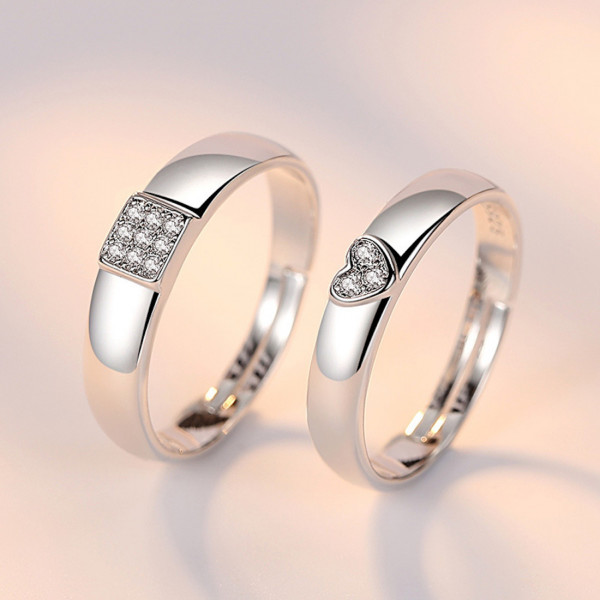 9334 New Lovely Silver Color Open Adjustable Couple Rings For Couple Crystal Heart Square Finger Rings Wedding Party Accessories