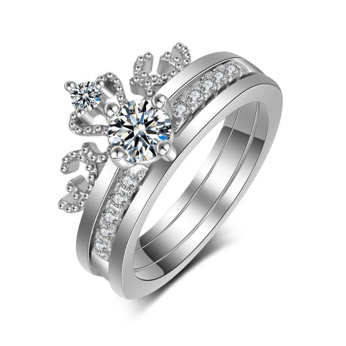 9374 3 pc queen Princess Crown ring set Engagement WEdding Platinum White diamond silver color ring