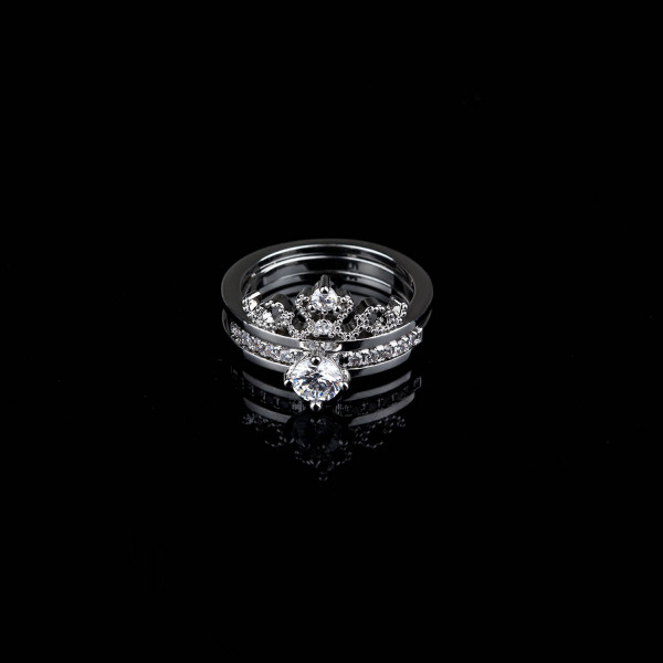 9374 3 pc queen Princess Crown ring set Engagement WEdding Platinum White diamond silver color ring