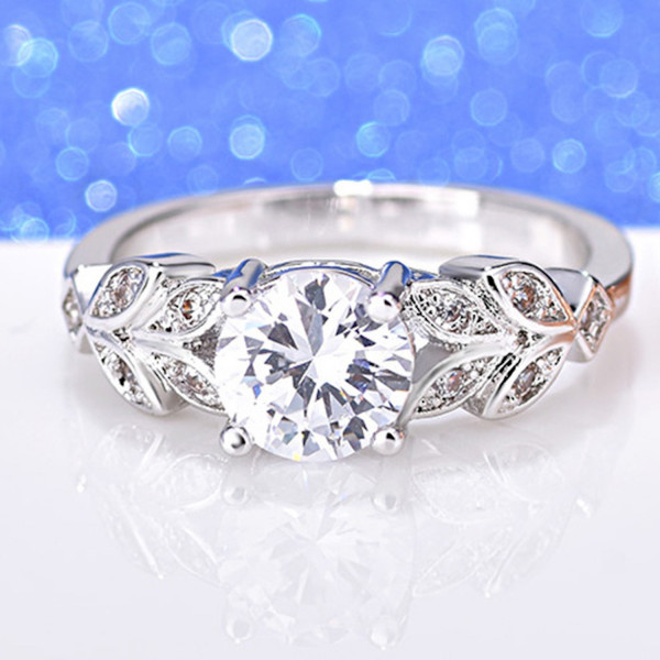 9436 Silver leaves Flower  Diamond studded Wedding engagement Party love Girl Women Titanium ring