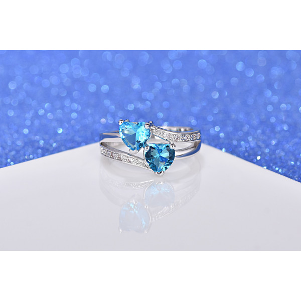 9439 Double Heart Blue Stone Wedding engagement Party love Girl Women Titanium ring
