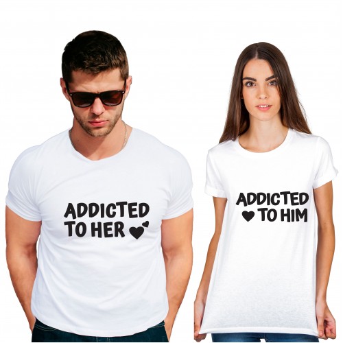 Addicted to him her Cotton White Half sleeve round neck Couple Tshirt